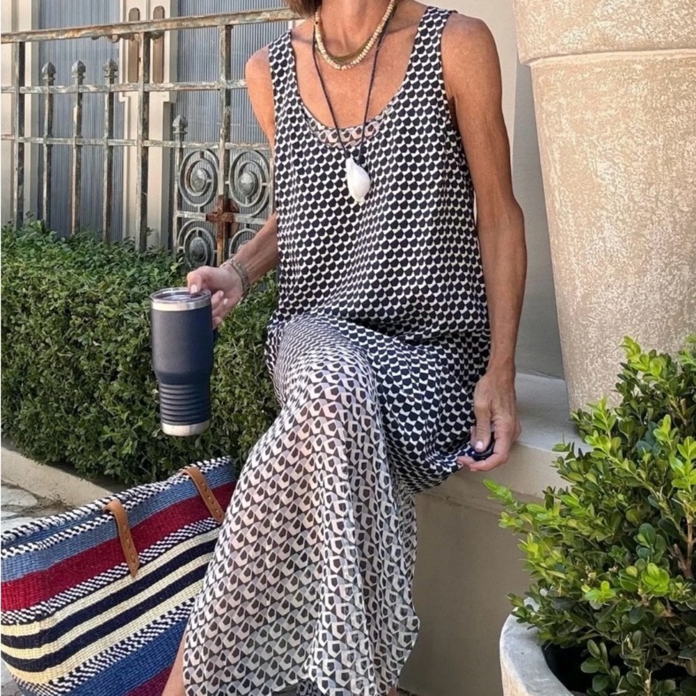 La Ligne Silk Claudette Midi Dress Small Chiffon Layer Geometric Side Slit Flowy